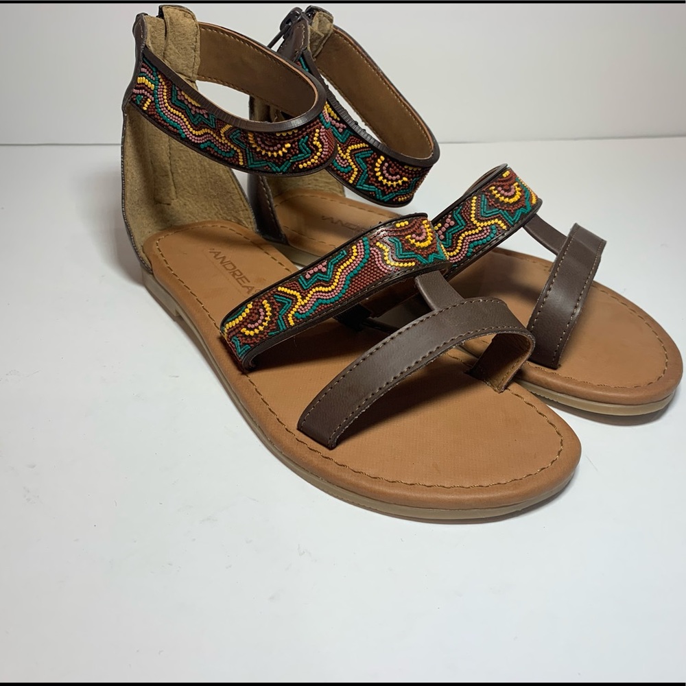 NEW Andrea Girls Brown Leather Sandals Ankle Strap Aztec Size 12